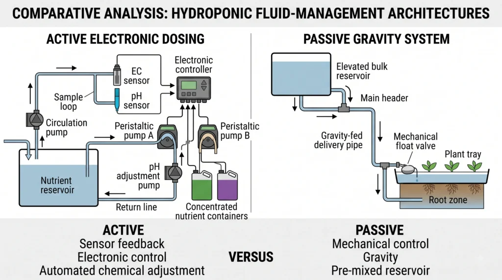 Active electronic nutrient dosing compared with passive gravity-fed hydroponic irrigation