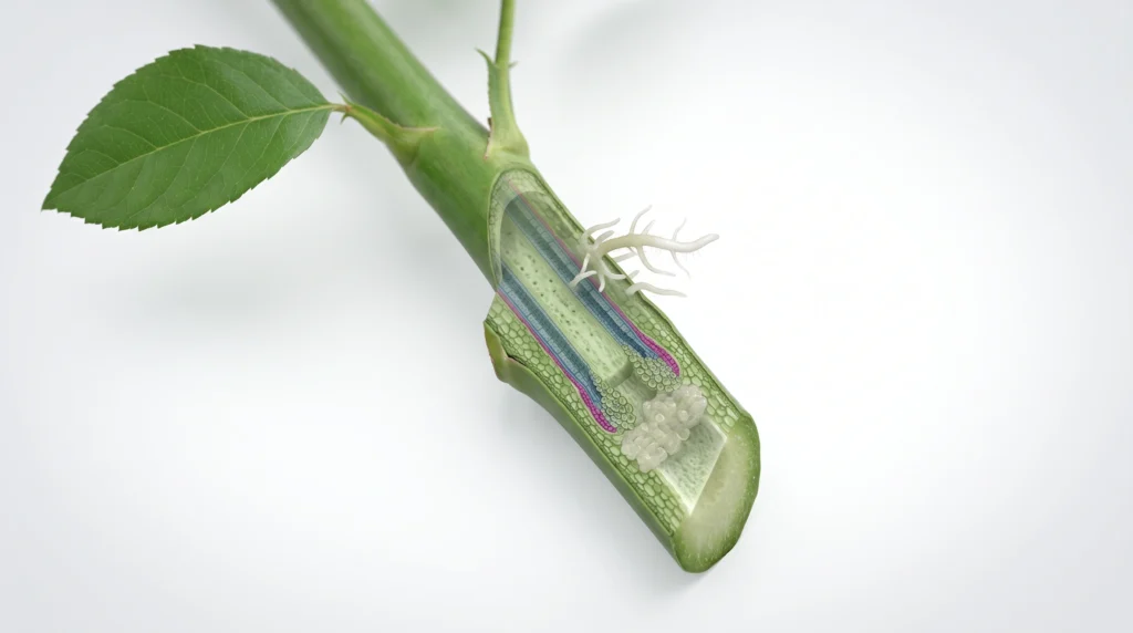 Cloning in Hydroponics: The Engineer's Guide to Vegetative Propagation 1 Diagram-style view of adventitious roots forming from the cut node of a hydroponic plant cutting