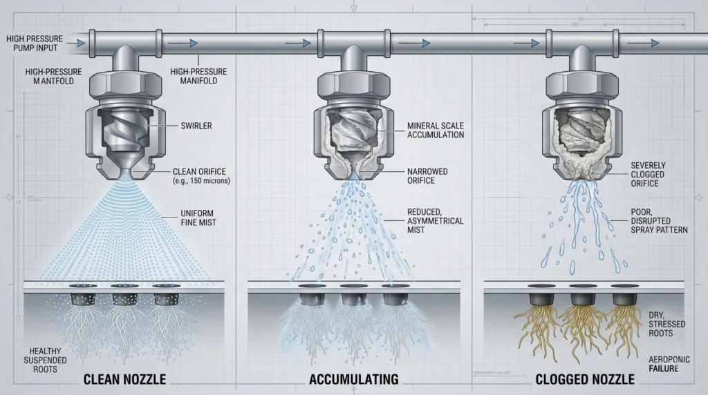 Aeroponic nozzle clogging diagram showing mineral buildup uneven mist distribution and root dehydration