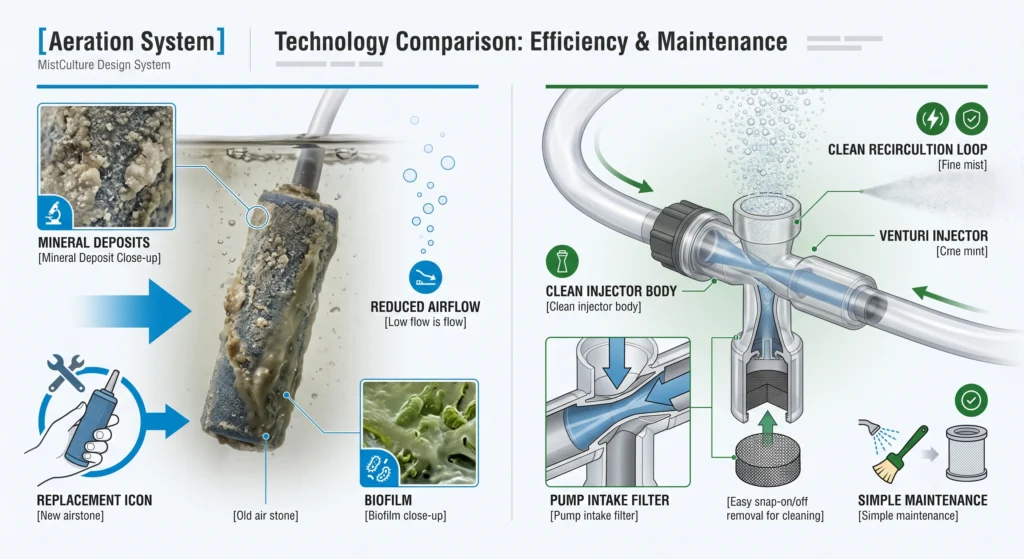 Comparison showing clogged air stone pores versus a clean Venturi injector requiring only pump maintenance.