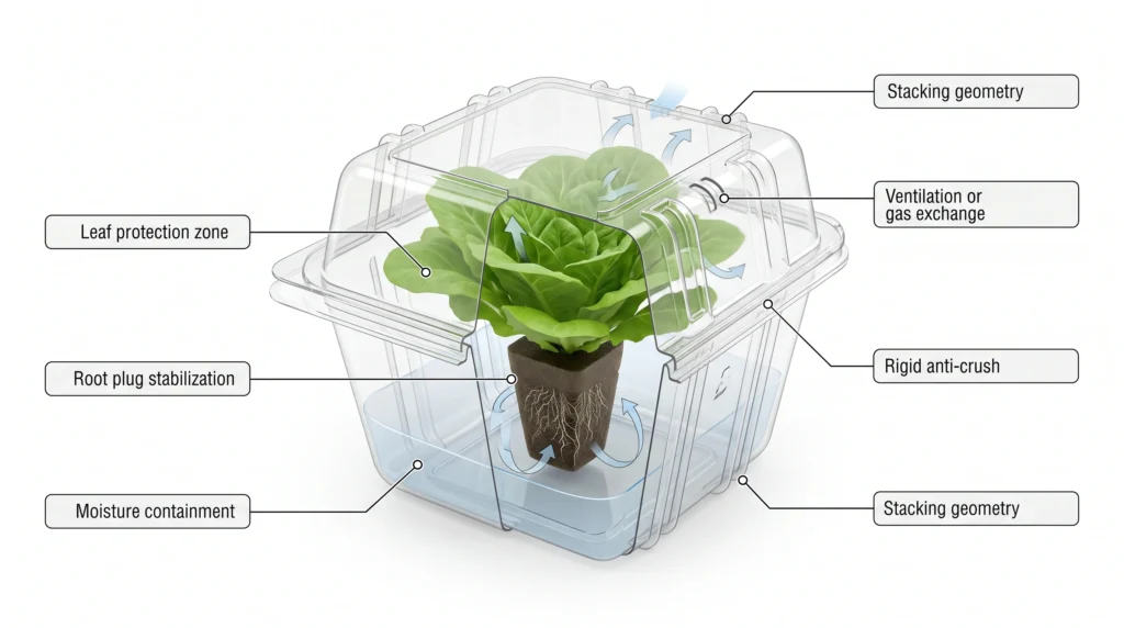 Technical cutaway showing how a rigid clamshell protects hydroponic leaves and secures the starter root plug