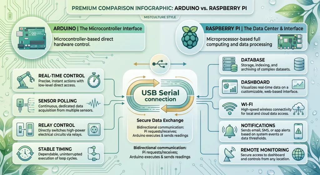 Comparison of Arduino and Raspberry Pi roles in an automated hydroponic dosing system.