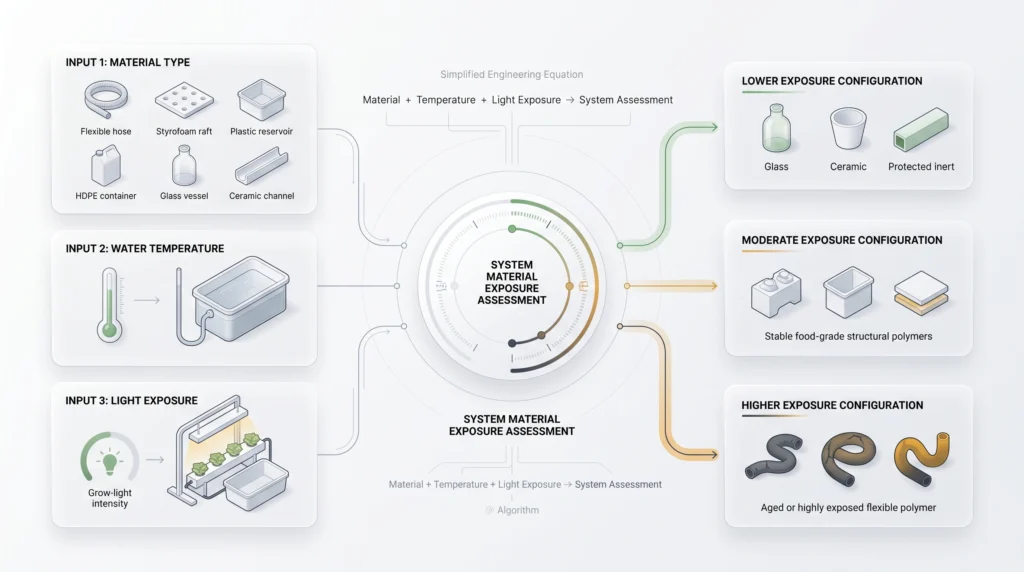Premium dashboard-style infographic showing how material type, water temperature and light exposure affect a hydroponic system material risk assessment
