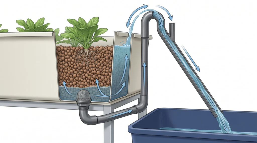 Siphon Drain Systems: Bell Siphon vs Auto-Siphon in Ebb and Flow Hydroponics 5 Auto-siphon diagram showing external U-shaped loop, exit port, vacuum break, and reservoir return
