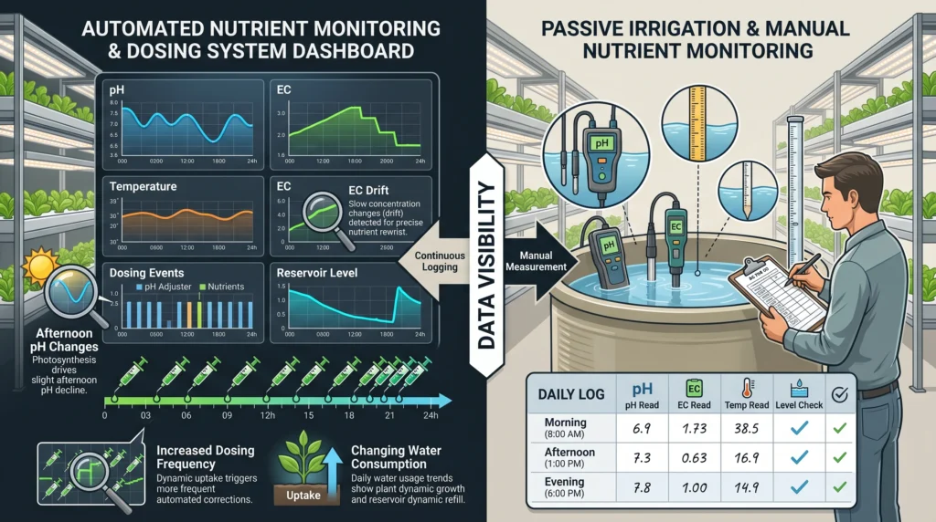 Automated hydroponic nutrient monitoring compared with manual reservoir EC and pH tracking