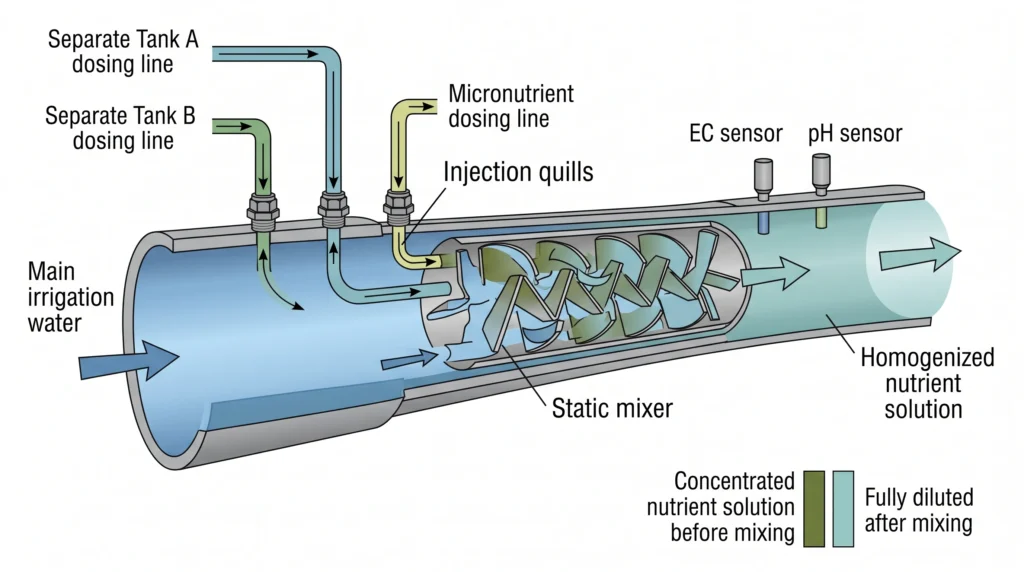 Hydroponic nutrient injection flow path showing main water flow, dosing pumps, injection quills, static mixer, and sensors
