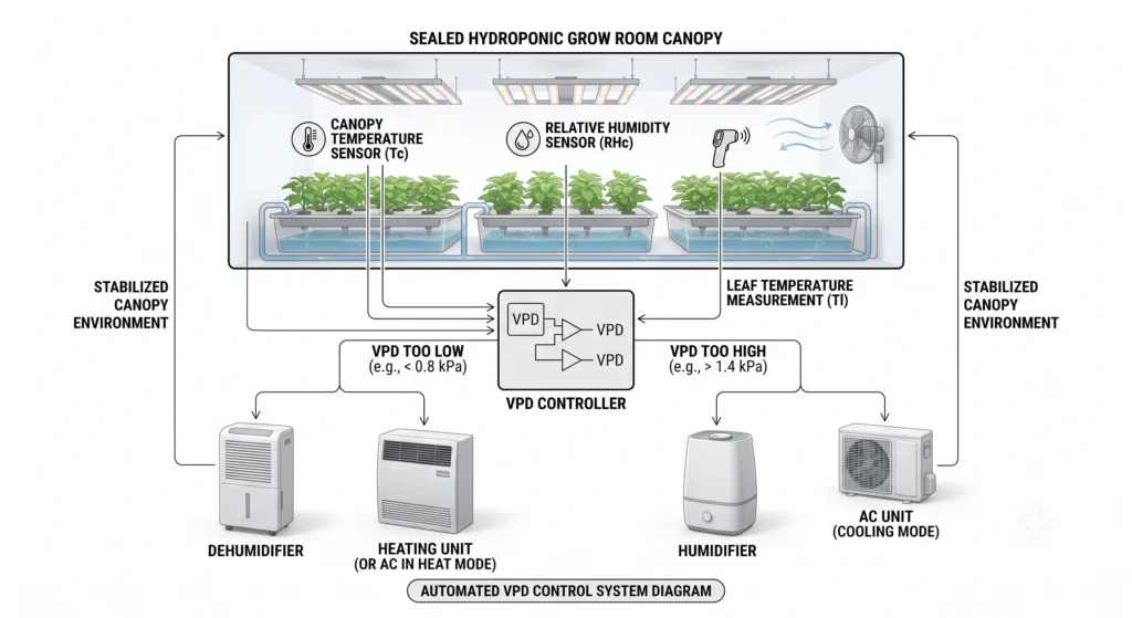 Automated hydroponic VPD control loop connecting canopy sensors humidifier dehumidifier and air conditioning