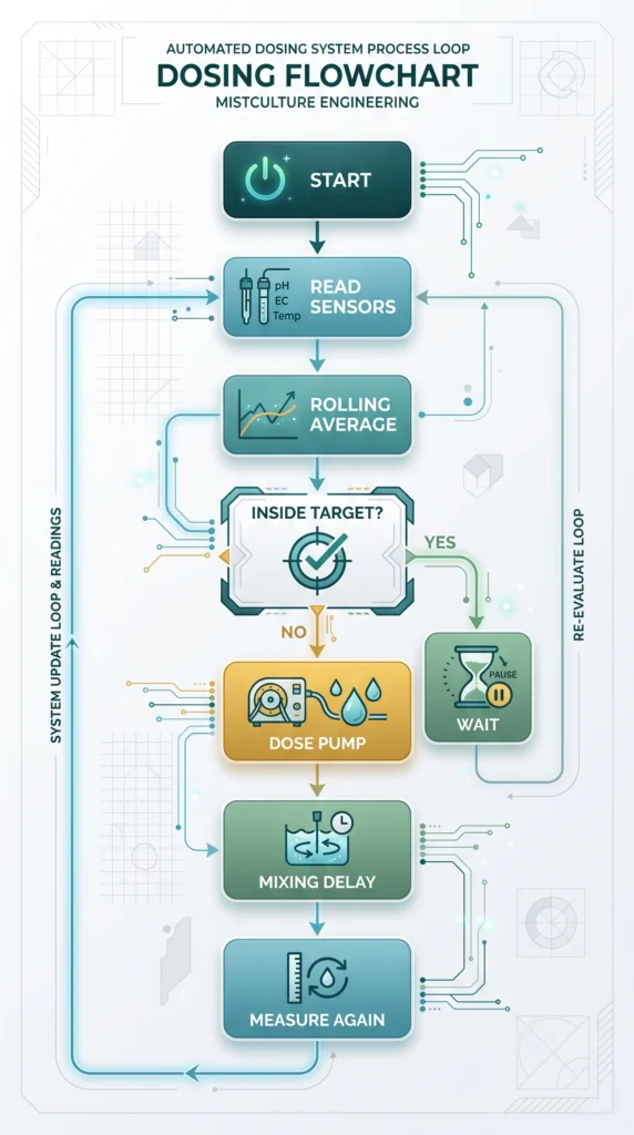Flowchart illustrating sensor readings, dosing decisions, mixing delay, and repeat monitoring.