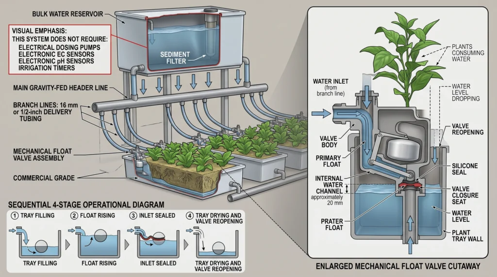 Autopot Smartvalve gravity-fed irrigation system with elevated reservoir and float valve