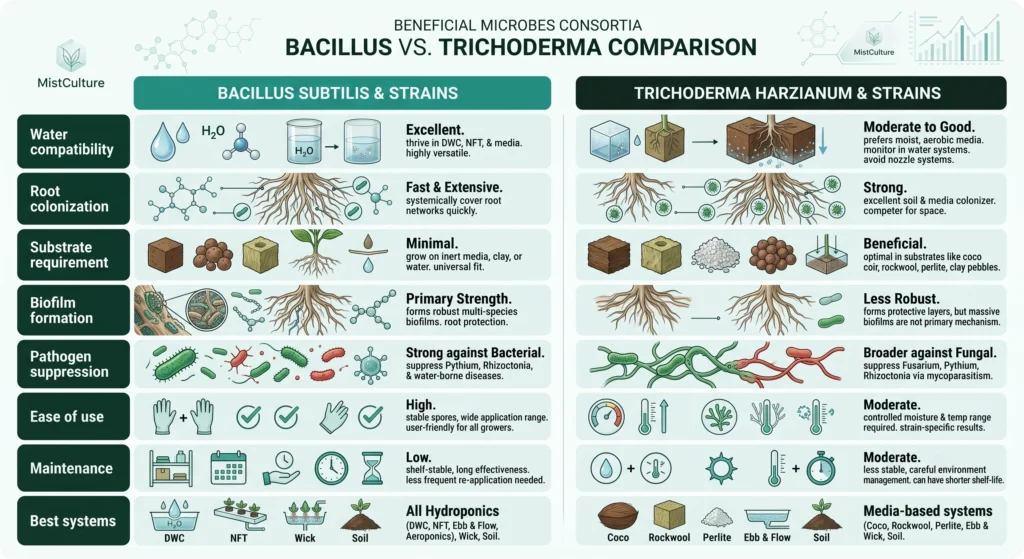 Bacillus vs Trichoderma for DWC: Which Beneficial Microbe Actually Wins? 6 Comparison infographic showing the advantages and limitations of Bacillus and Trichoderma in hydroponic systems.