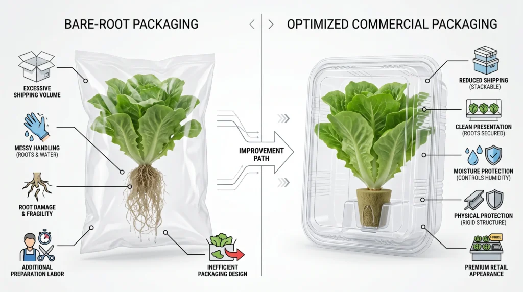Comparison infographic showing loose hydroponic roots versus a trimmed root plug secured inside a rigid clamshell package