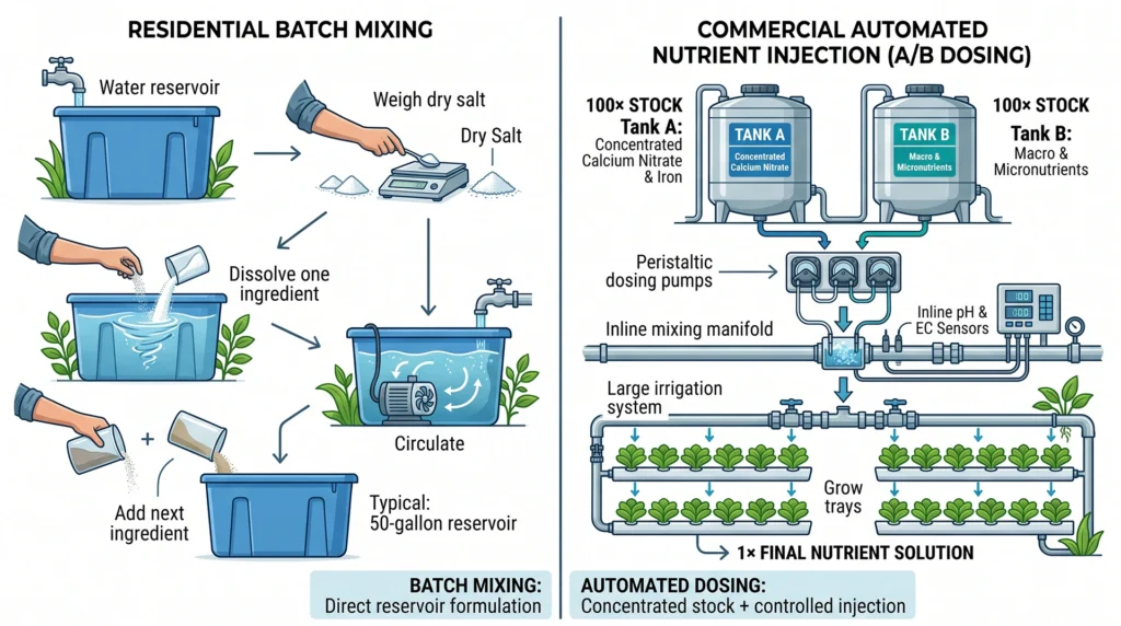 Infographic comparing residential batch mixing with commercial hydroponic A and B stock tank dosing systems