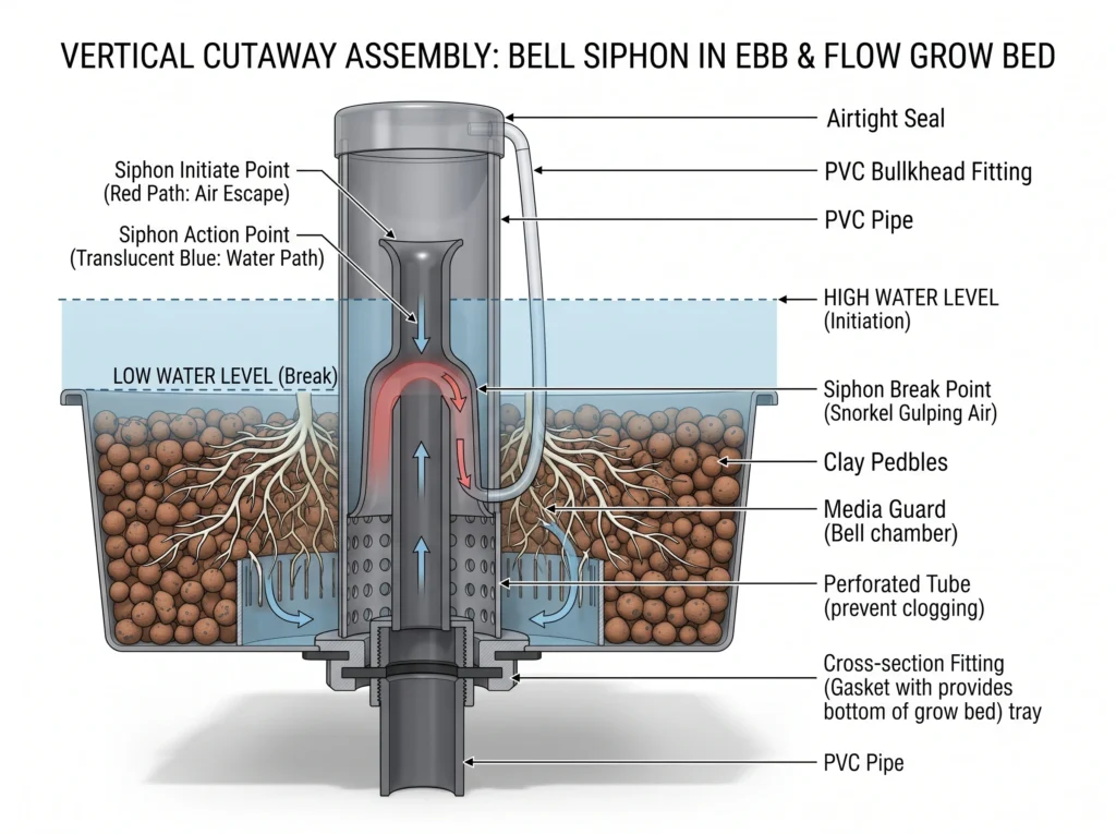 Siphon Drain Systems: Bell Siphon vs Auto-Siphon in Ebb and Flow Hydroponics 3 Labeled Bell Siphon diagram showing standpipe, bell, snorkel, media guard, and drain outlet