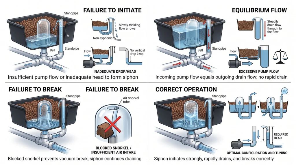 Siphon Drain Systems: Bell Siphon vs Auto-Siphon in Ebb and Flow Hydroponics 8 Bell siphon troubleshooting diagram showing continuous trickling, failure to initiate, and failure to break