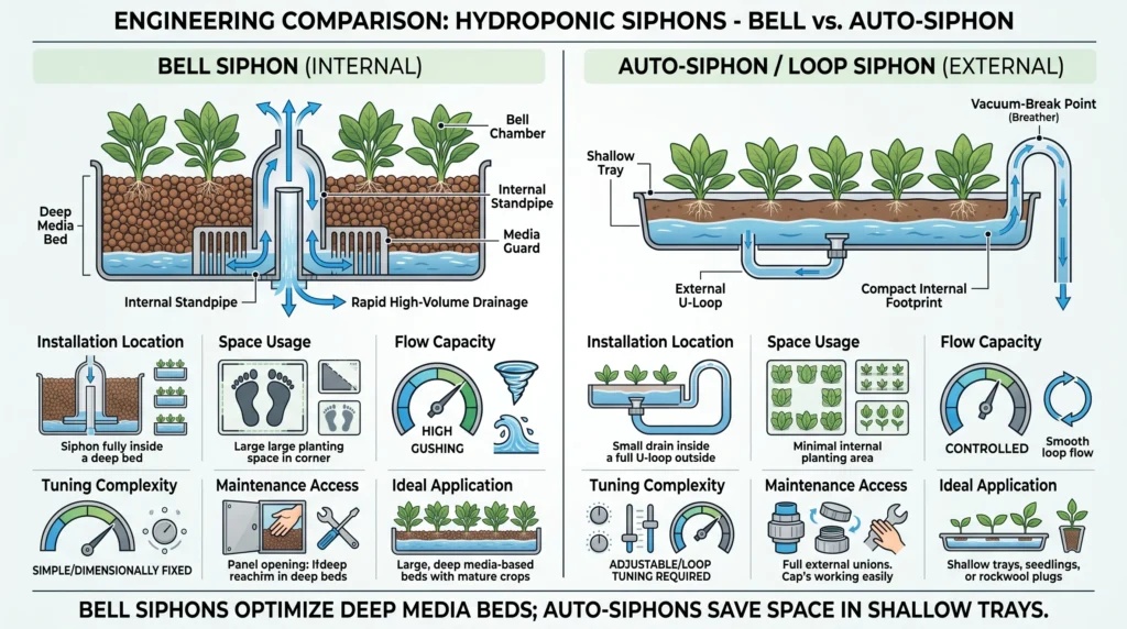 Siphon Drain Systems: Bell Siphon vs Auto-Siphon in Ebb and Flow Hydroponics 6 Bell siphon versus auto-siphon comparison for hydroponic grow beds