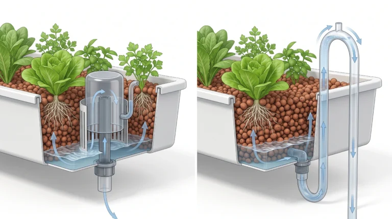 Bell siphon and auto-siphon compared in an ebb and flow hydroponic system