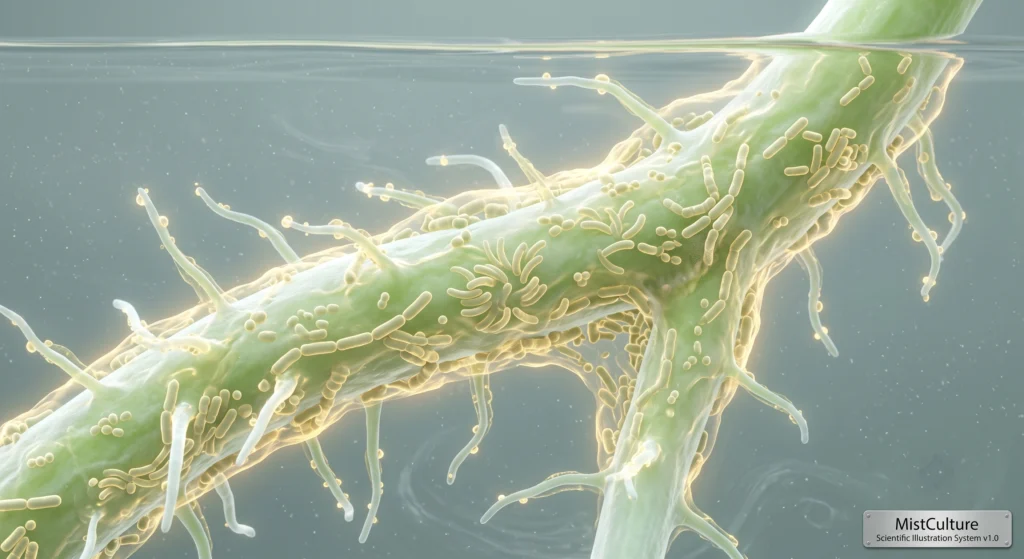 Scientific illustration showing beneficial microbes colonizing healthy hydroponic tomato roots after quarantine.