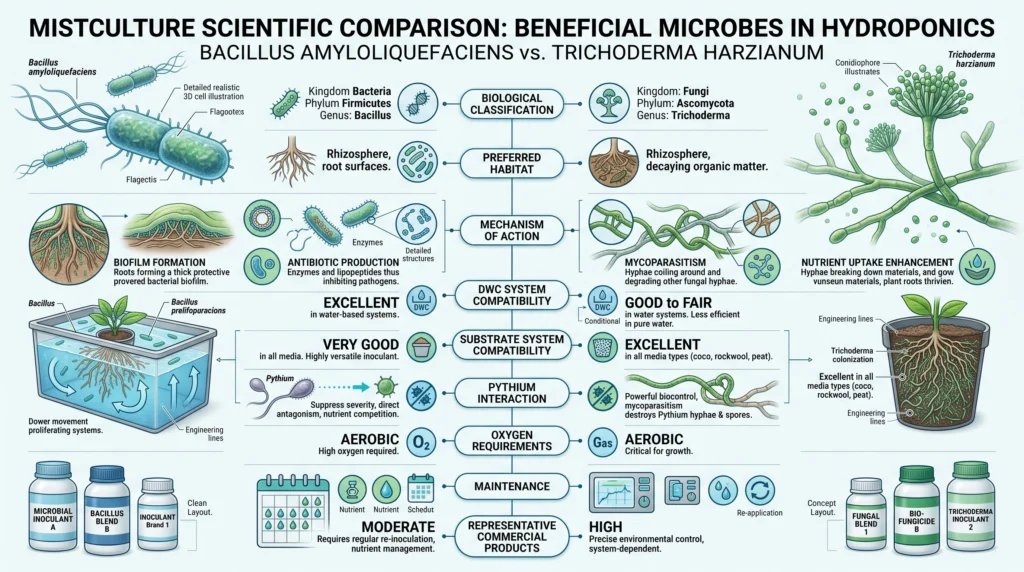 Bacillus vs Trichoderma for DWC: Which Beneficial Microbe Actually Wins? 1 Comprehensive infographic comparing Bacillus and Trichoderma, showing biology, habitat, mechanisms of action, ideal hydroponic systems, application methods, compatibility, and common products.