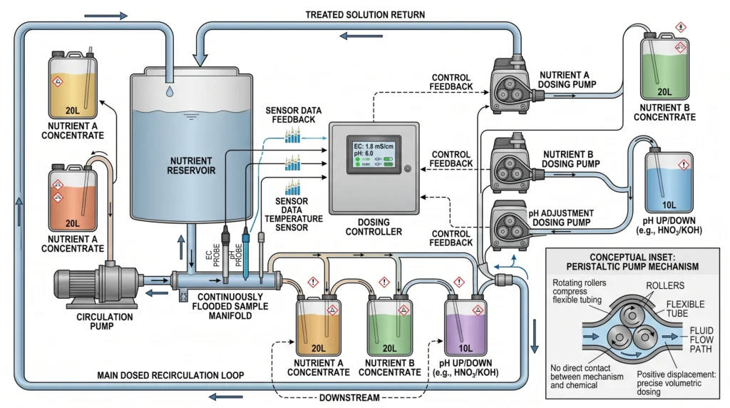 Automated EC and pH dosing loop with peristaltic pumps and reservoir sensors