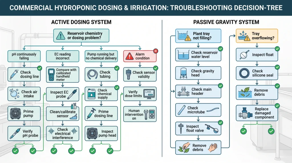 Hydroponic dosing and irrigation troubleshooting decision tree for sensor, pump and valve failures