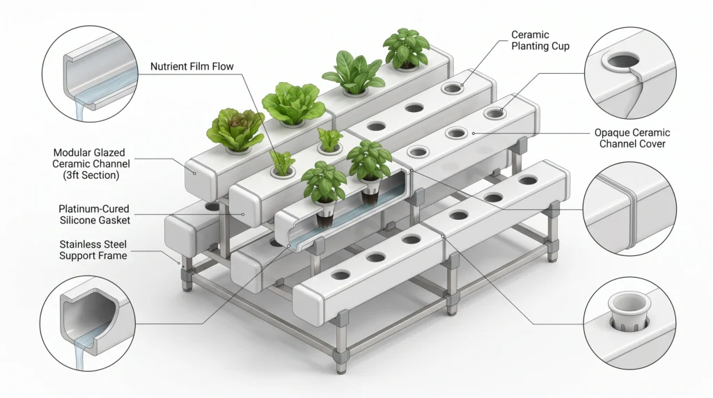 Technical isometric diagram showing a modular plastic-free NFT hydroponic system with glazed ceramic channels, ceramic plant cups and silicone seals