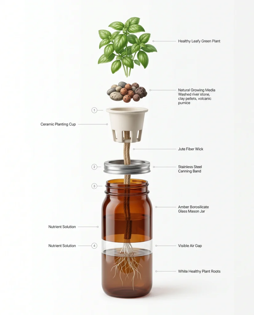 Exploded-view diagram of a plastic-free Kratky hydroponic system using an amber glass jar, ceramic plant holder, natural media and jute wick