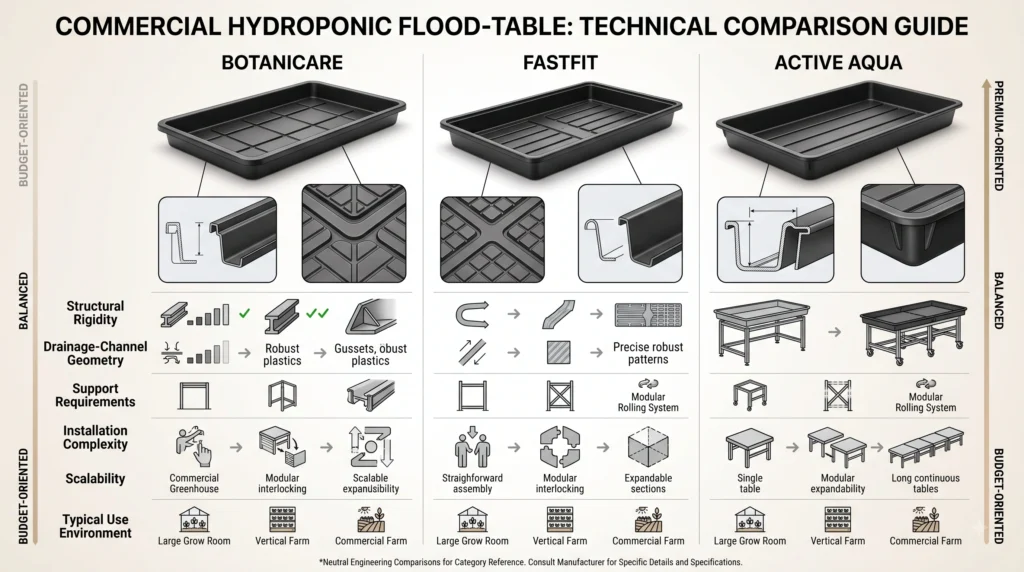 Commercial Grade Hydroponic Trays: Engineering Breakdown of Botanicare, FastFit, and Active Aqua 5 Botanicare vs FastFit vs Active Aqua hydroponic trays compared by construction, drainage design, support needs, and use case