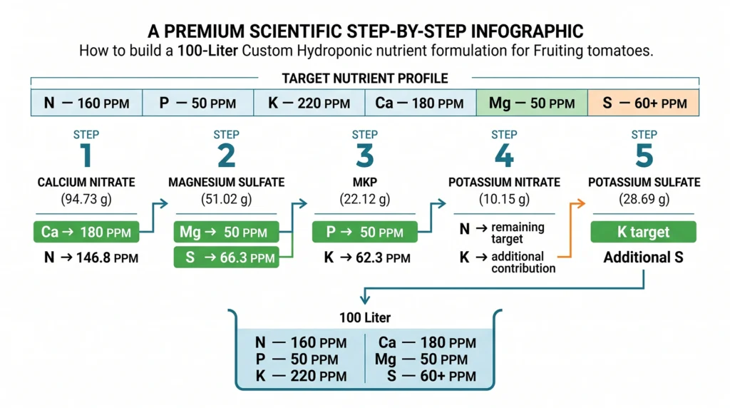 Step-by-step infographic showing how five dry salts are calculated to create a 100-liter tomato nutrient formulation