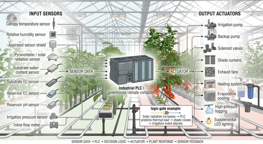 Hydroponic Greenhouse Cucumber and Tomato Production Systems 11 CEA greenhouse PLC automation system connecting canopy sensors irrigation and climate controls