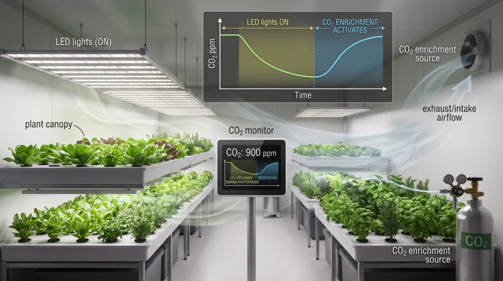 Pulse Pro Environmental Monitor Review: Precision VPD, Light, and CO2 Tracking 10 CO2 monitor tracking carbon dioxide concentration changes in a sealed hydroponic grow room