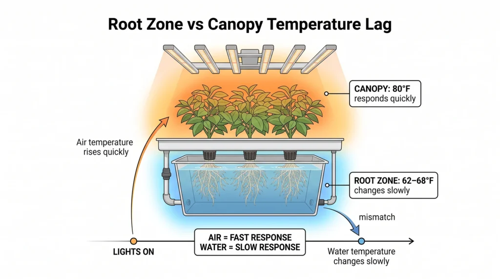 Infographic showing warm canopy air and colder hydroponic reservoir during temperature swings