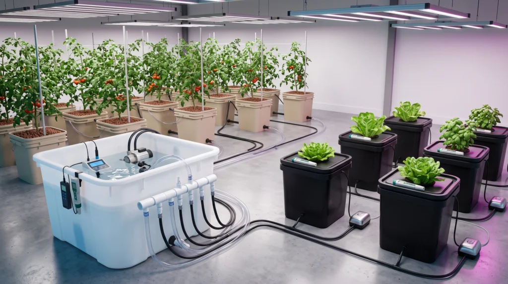 Dutch Bucket vs DWC: Which System Wins for Tomatoes, Peppers & Heavy Vining Crops? 6 Central nutrient reservoir feeding multiple Dutch buckets compared with individual DWC reservoirs requiring separate pH and EC management
