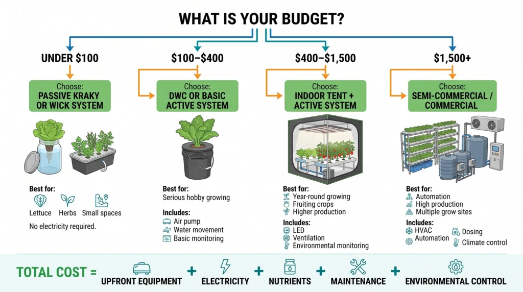 How Much Does a Hydroponic System Cost? Budget Breakdowns for Every Setup 12 Hydroponic budget decision tree helping growers choose between passive, active, indoor and commercial systems based on budget and goals
