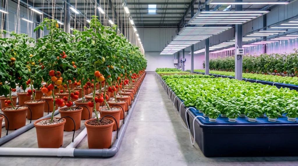 Dutch Bucket vs DWC: Which System Wins for Tomatoes, Peppers & Heavy Vining Crops? 14 Professional hydroponic grow room showing Dutch Bucket tomatoes and peppers alongside a DWC lettuce system for system selection
