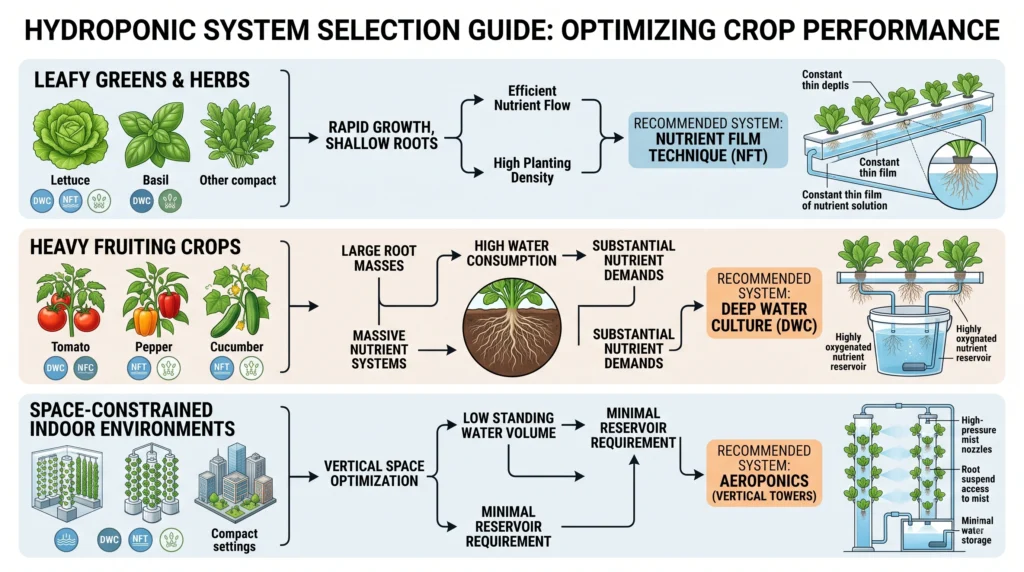 Hydroponic system selection guide comparing DWC NFT and aeroponics for leafy greens fruiting crops and indoor growing