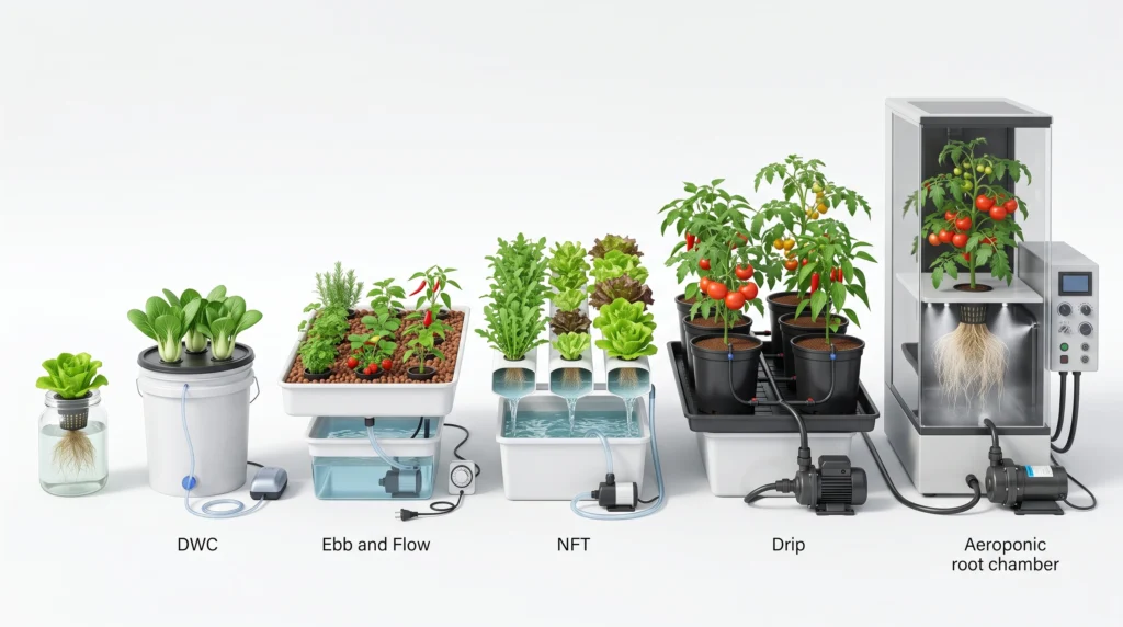 Beginner-friendly visual comparison of hydroponic systems based on crop type, complexity and maintenance requirements