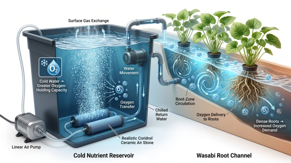 Hydroponic Wasabi Cultivation: Engineering Cold-Water Systems 5 Dissolved oxygen and aeration system maintaining oxygen-rich cold water around hydroponic wasabi roots