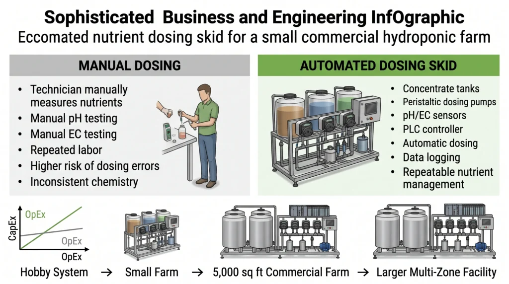 Commercial hydroponic dosing skid ROI comparison showing labor savings, automation costs, and farm scalability