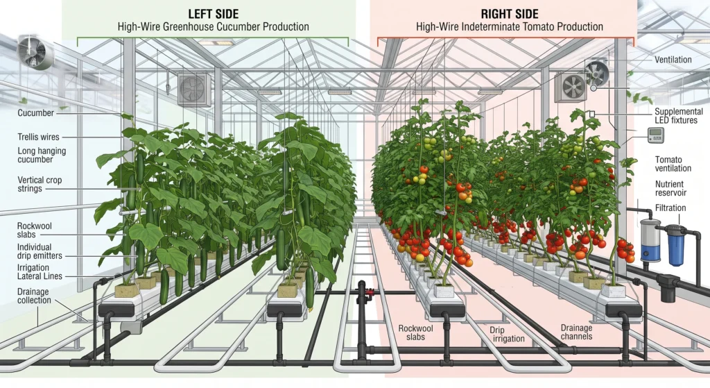 Hydroponic Greenhouse Cucumber and Tomato Production Systems 1 Commercial greenhouse layout showing hydroponic cucumber and tomato production zones