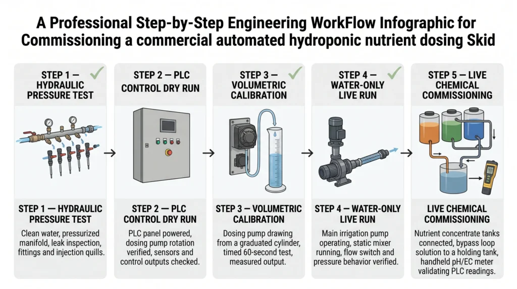 Hydroponic dosing skid commissioning workflow from pressure testing to live chemical verification