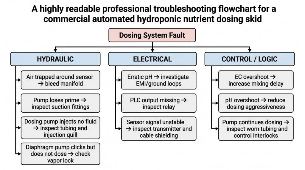 Hydroponic dosing skid troubleshooting flowchart for sensor drift, pump failure, vapor lock, and EC overshoot