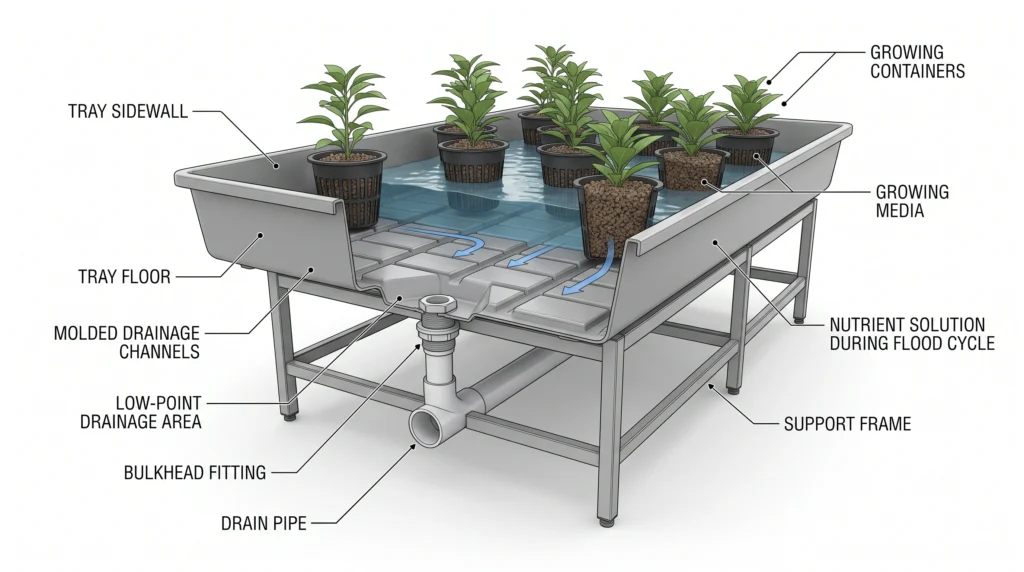 Commercial Grade Hydroponic Trays: Engineering Breakdown of Botanicare, FastFit, and Active Aqua 1 Annotated commercial hydroponic flood table showing tray walls, drainage channels, bulkhead, support structure, and nutrient solution