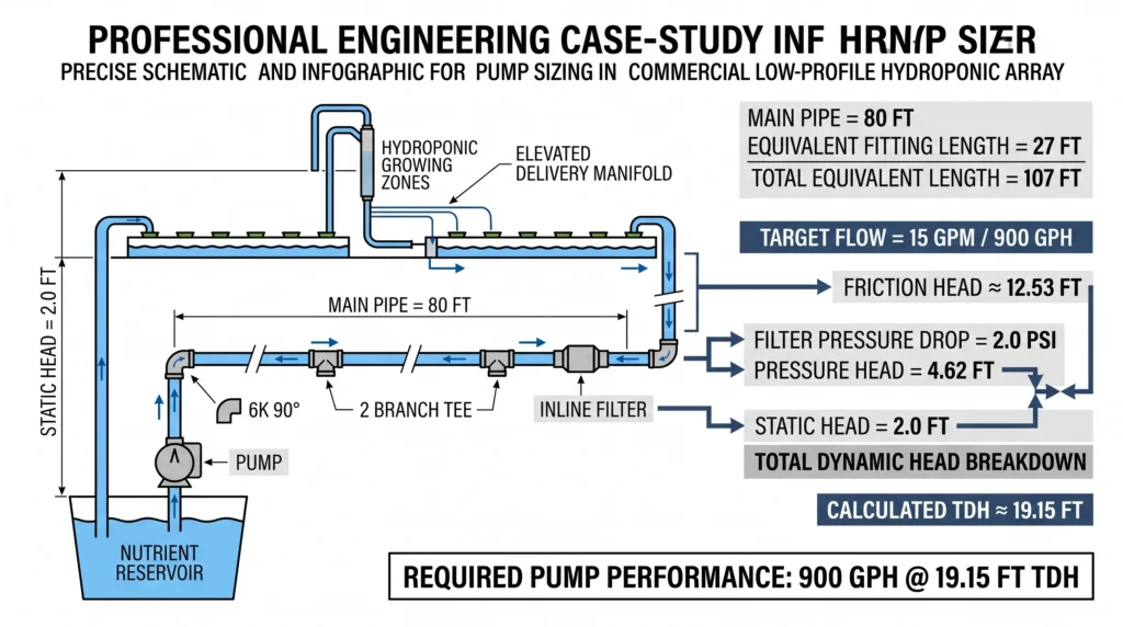 Hydroponic Pump Sizing: Calculating True GPH and Head Loss 8 Commercial hydroponic array showing 2-foot static head, pipe friction, fittings and filter pressure loss