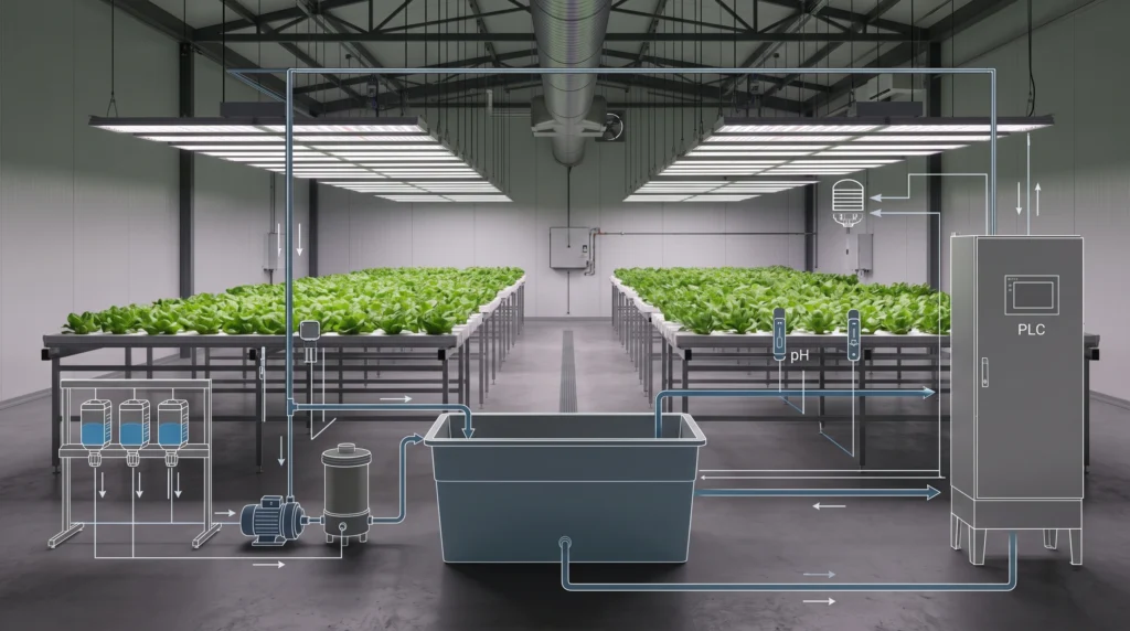 Commercial hydroponic system scaling with automated nutrient dosing irrigation and environmental controls
