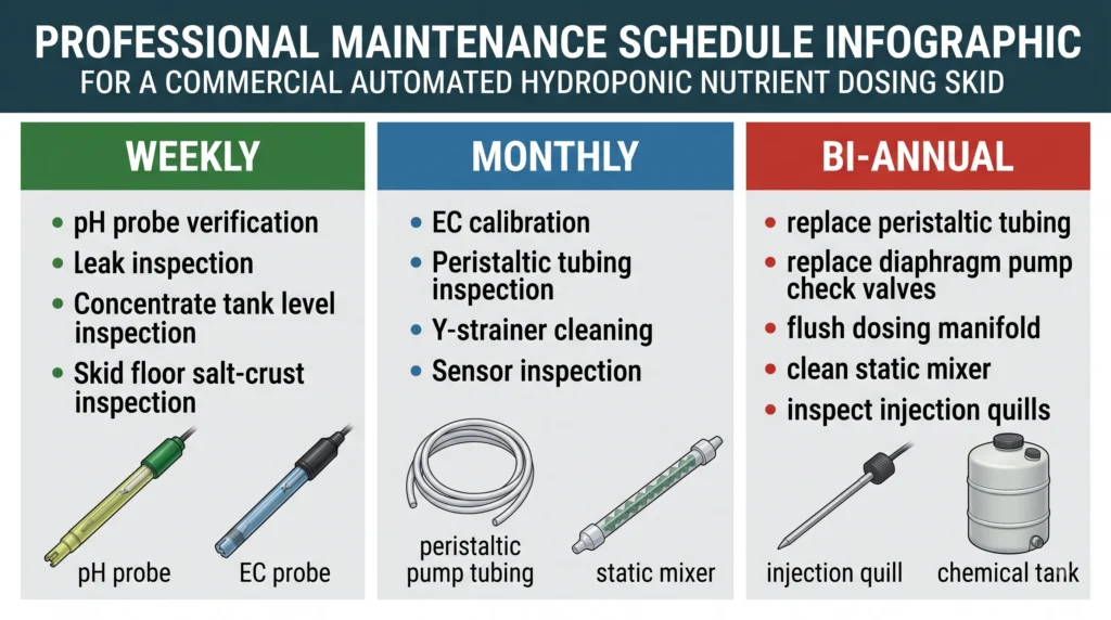 Commercial hydroponic dosing skid preventive maintenance schedule for pumps, tubing, probes, valves, and manifold
