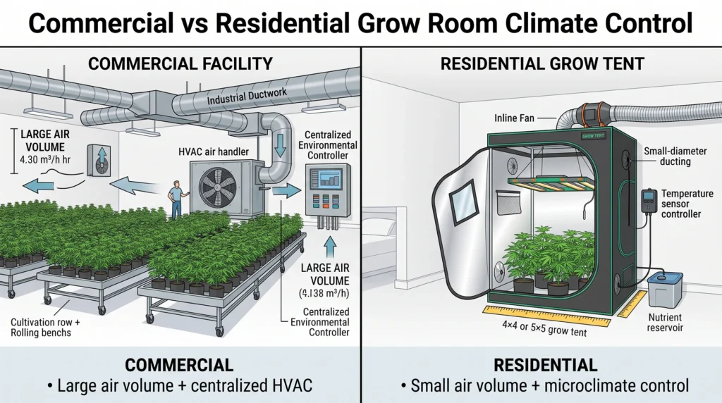 Infographic comparing commercial HVAC climate control with residential grow tent temperature stabilization