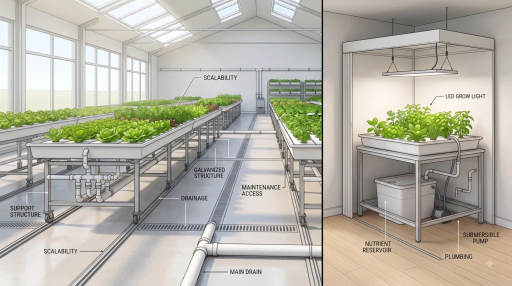 Commercial Grade Hydroponic Trays: Engineering Breakdown of Botanicare, FastFit, and Active Aqua 11 Commercial and residential hydroponic flood tray installations compared by benching, support structure, spacing, and scalability