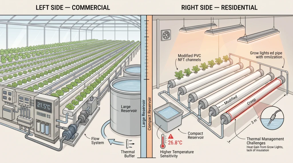 Turn PVC Pipe Into a Real NFT Channel: The Crown Wedge Method 11 Comparison of commercial and residential PVC NFT systems showing reservoir size, channel layout, and thermal management
