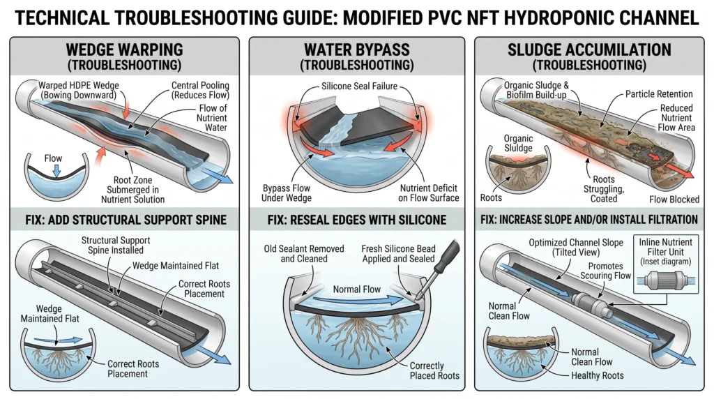Turn PVC Pipe Into a Real NFT Channel: The Crown Wedge Method 12 Diagram showing PVC NFT crown wedge failures including warping, water bypass, and sludge accumulation