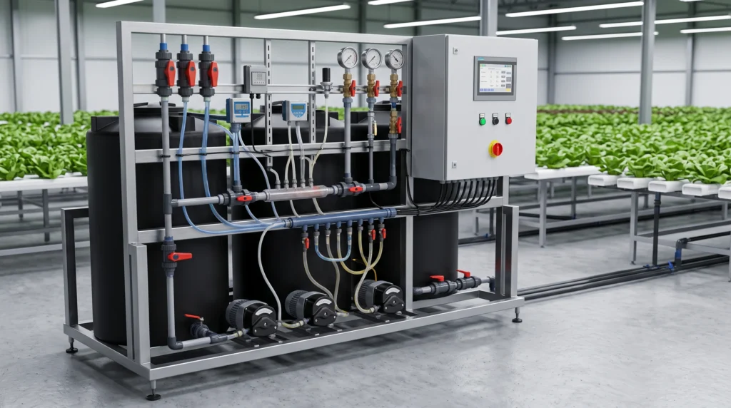 Complete commercial automated nutrient dosing skid with PLC automation, nutrient tanks, sensors, pumps, and irrigation manifold